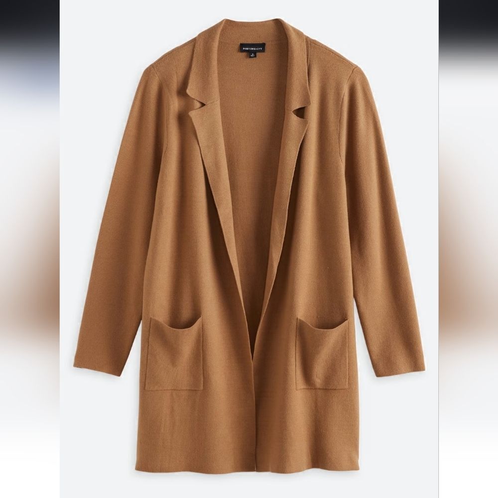 3387 Fortune + Ivy Naji Collared Coatigan Camel Open Front Cardigan Blazer 2X